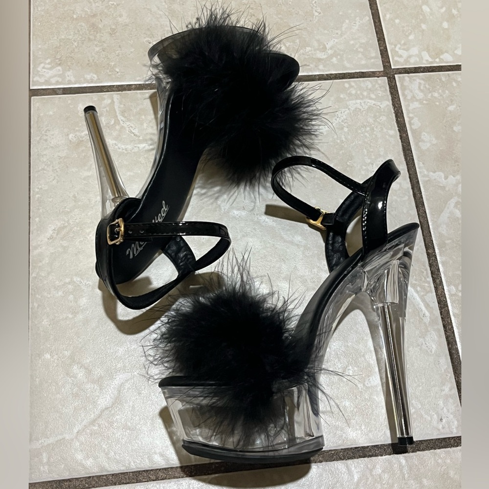 Elegant Black Marabou Stiletto Platform Heels